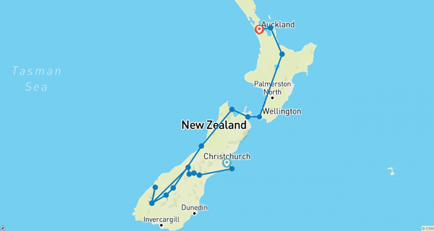 خريطة مسار Fjords, Volcanoes and Encounters from Christchurch to Auckland - 21 days