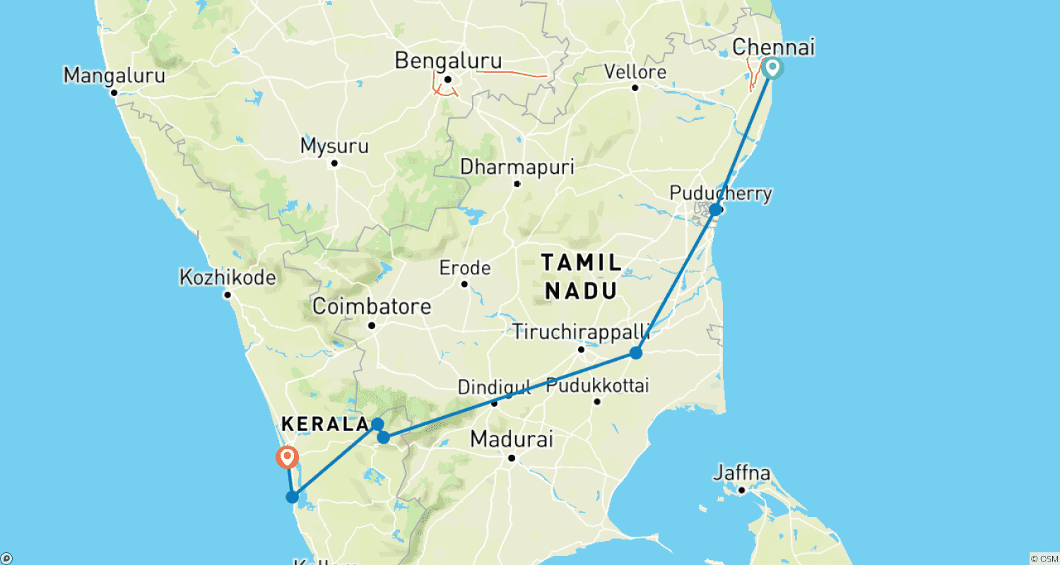 Mapa do percurso de Tour Boutique pelo Sul da Índia