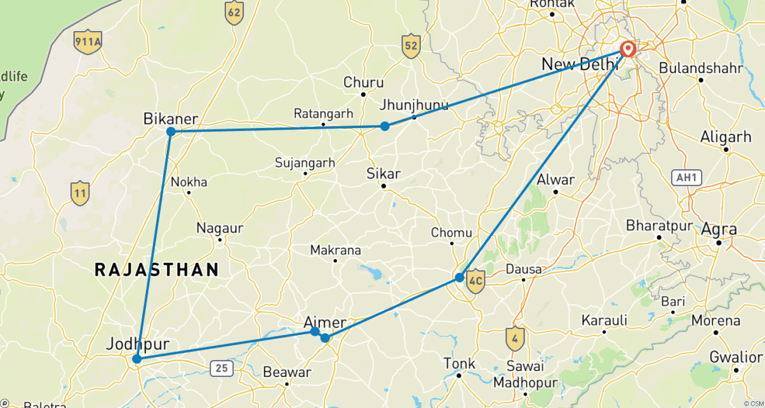 Mapa trasy: Najważniejsze atrakcje Radżastanu