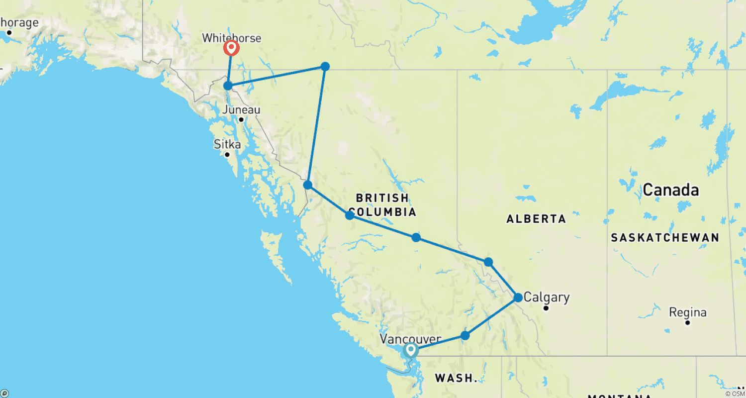 خريطة مسار Guided Sightseeing Trip North to Alaska & Rocky Mountains - 14 days