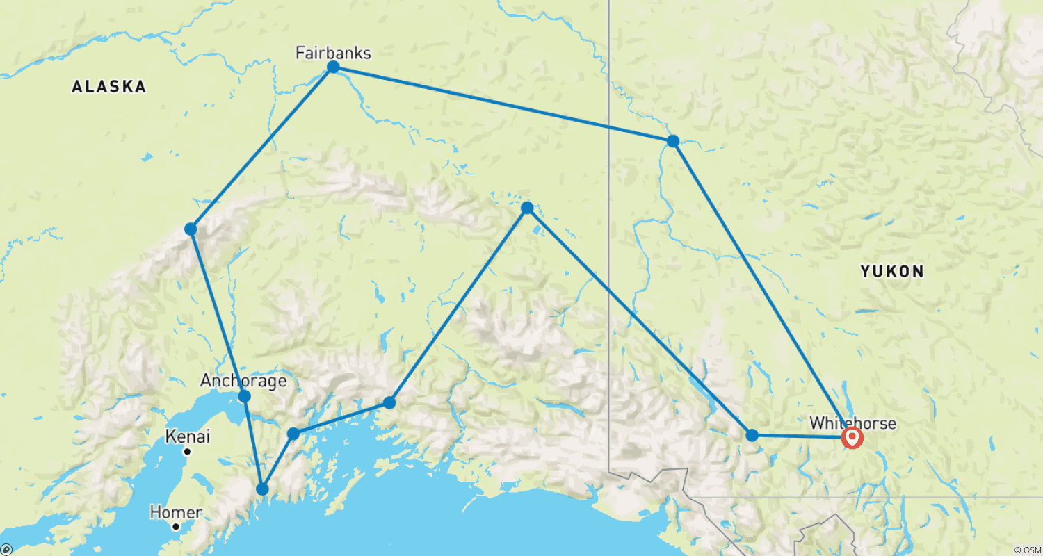 Mapa do percurso de O Melhor de Yukon e Alasca (partindo de Whitehorse)