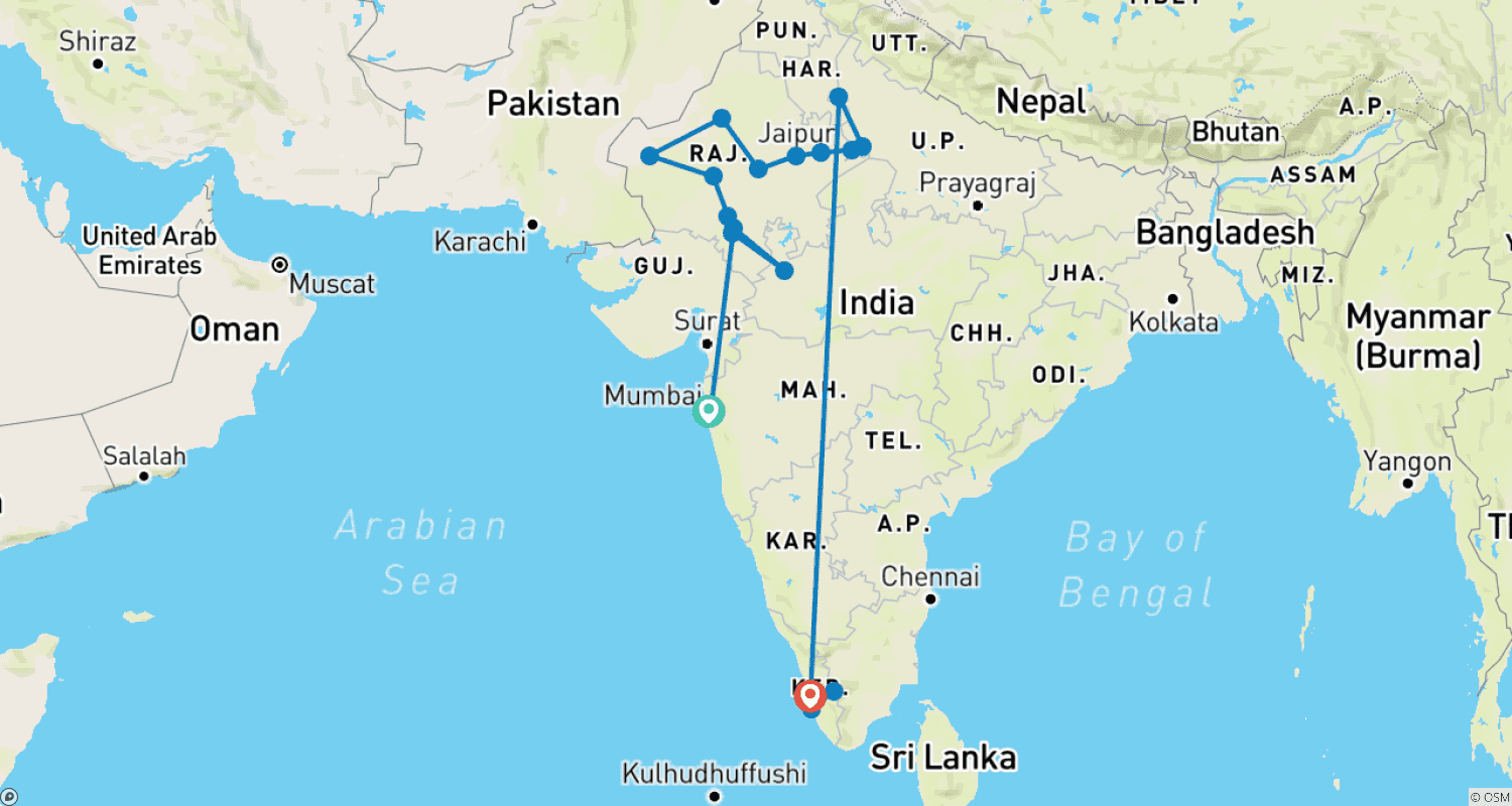 Mapa do percurso de Excursão pelo Norte da Índia com Kerala