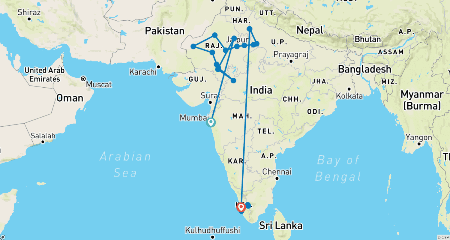 北インドとKeralaの旅のルートマップ
