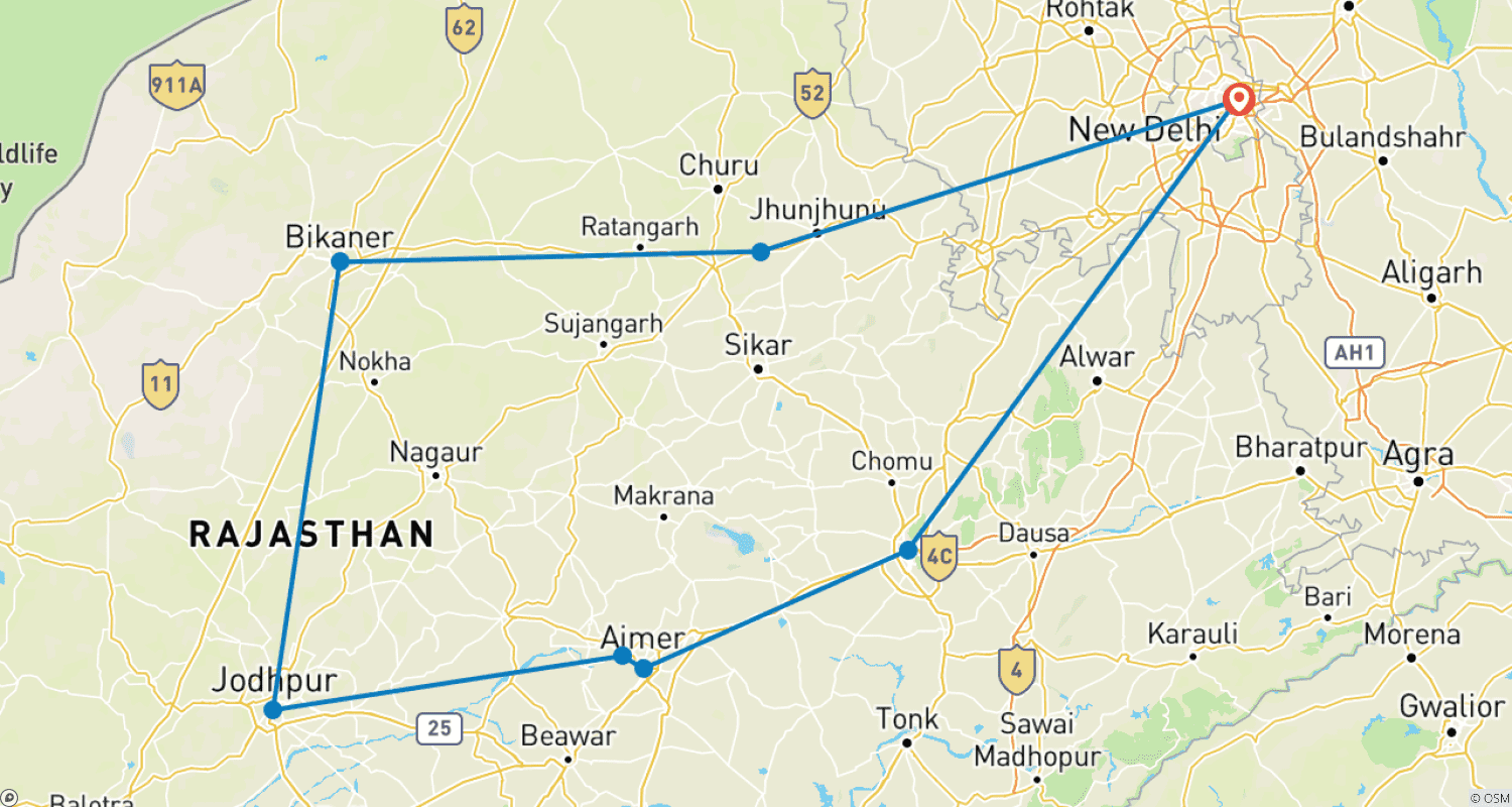 Mapa trasy: Rajasthan Highlights Tour