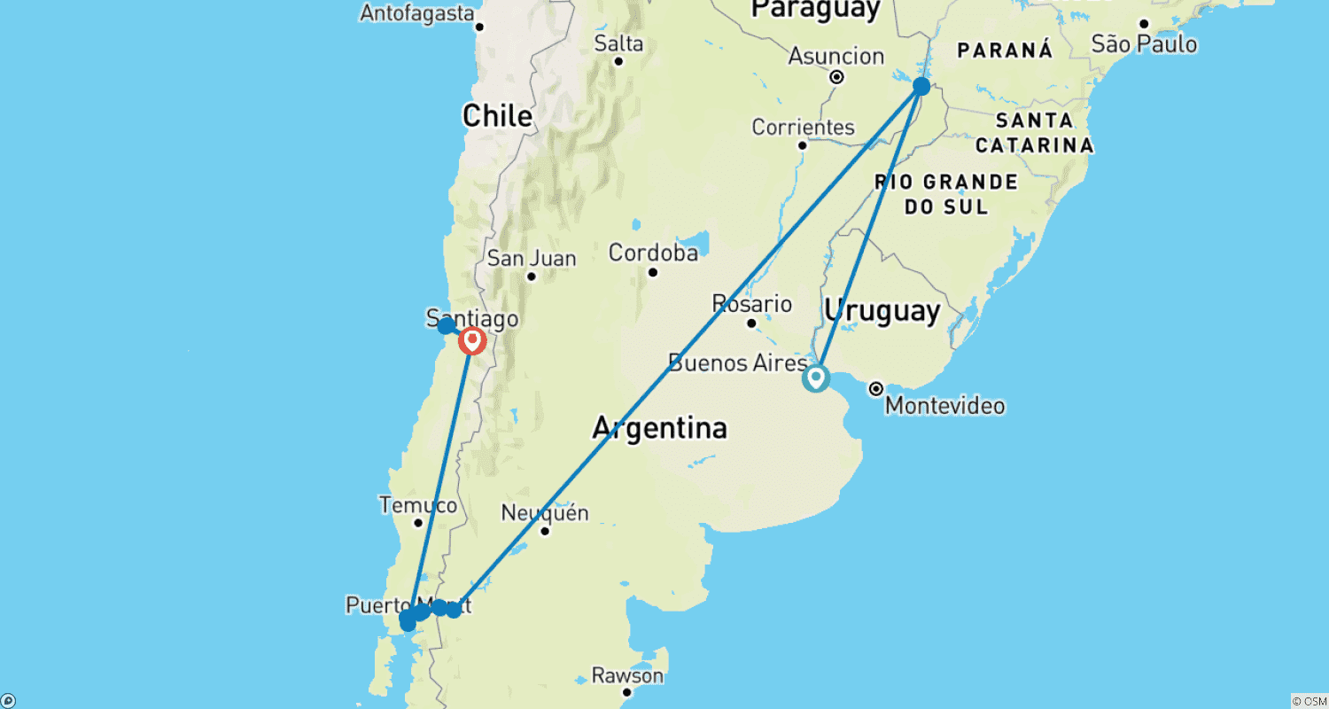Mapa do percurso de Encantos da América do Sul