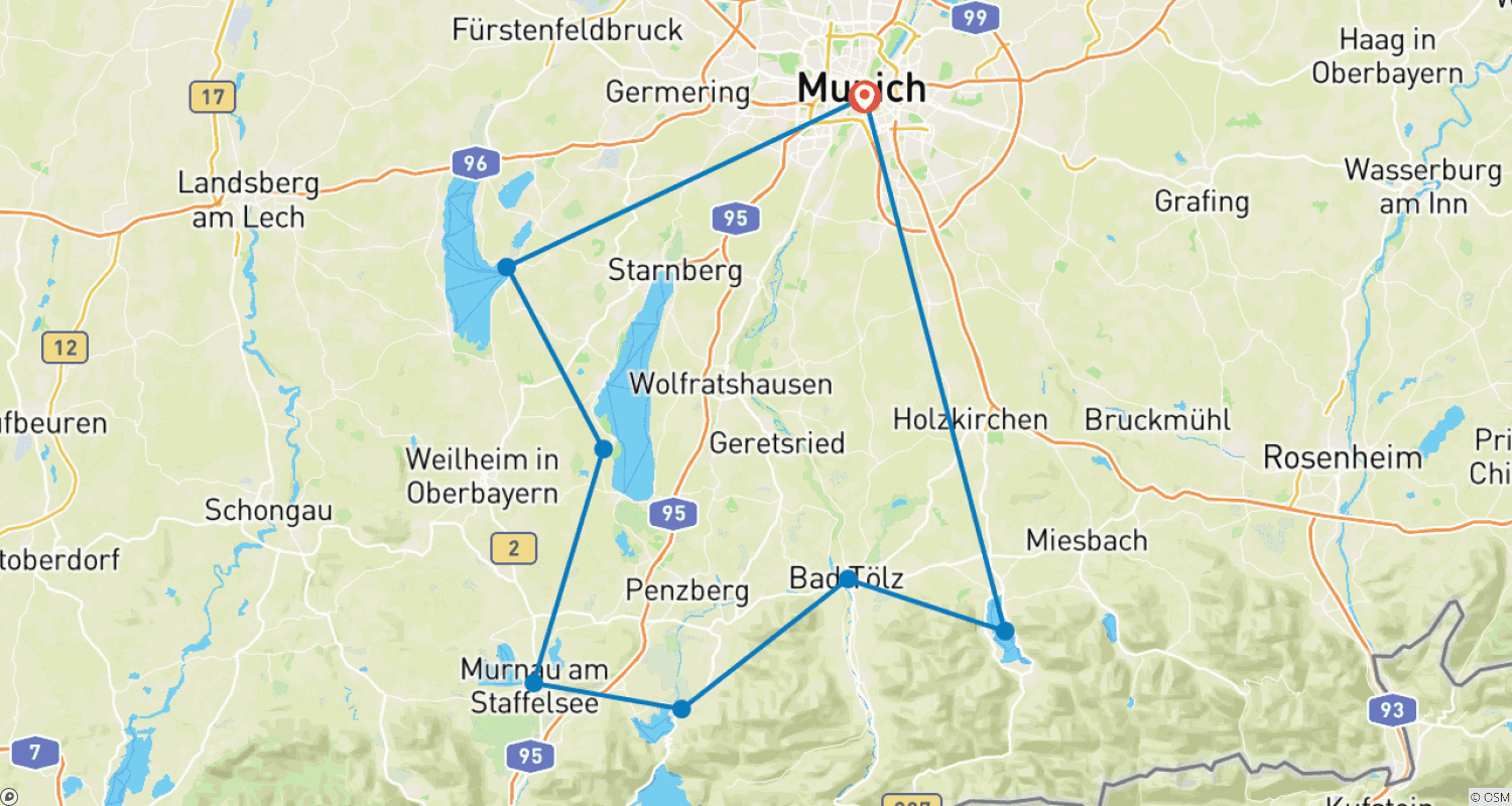Mapa trasy: Wycieczka po jeziorach Monachium - Magia jezior na zachodnim skraju Alp z transferem bagażu