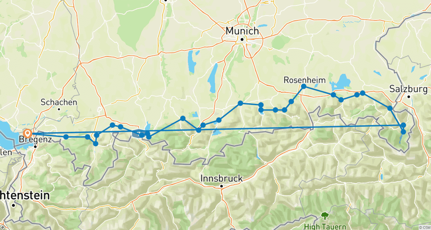 Mapa do percurso de Ciclovia Lago Constança-Königssee Com Transfer de Bagagem