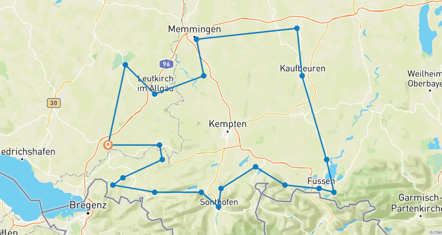 Mapa do percurso de Passeio de bicicleta por Allgäu: clássico com transporte de bagagem a partir de Wangen
