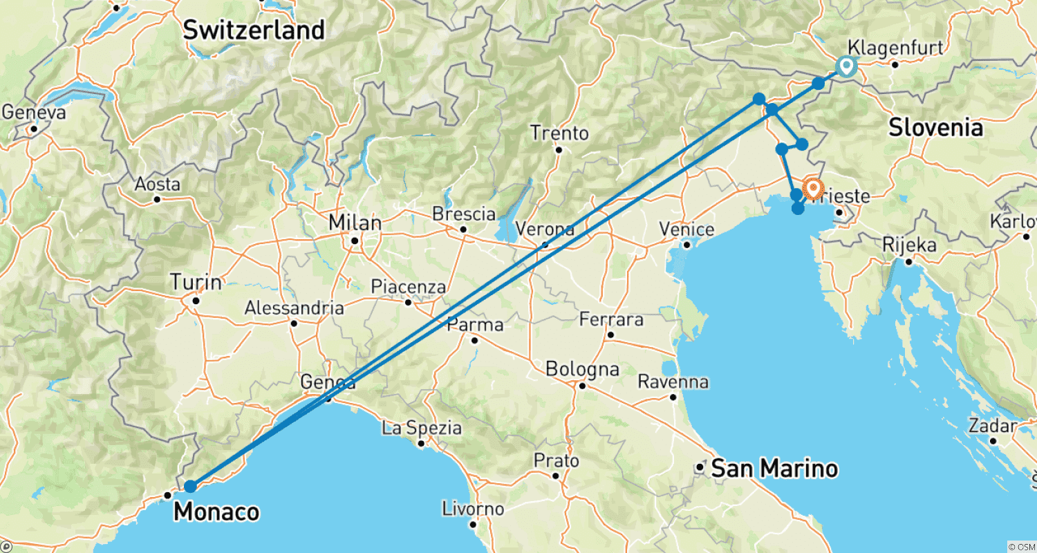 Mapa do percurso de Alpe Adria 2 - De Villach a Trieste
