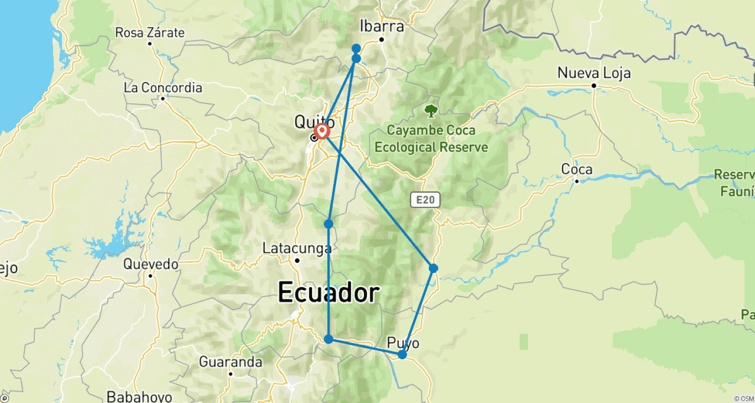 Mapa do percurso de Retiro Ativo de Yoga no Equador: Mindfulness, Natureza e Aventura em 8 Dias