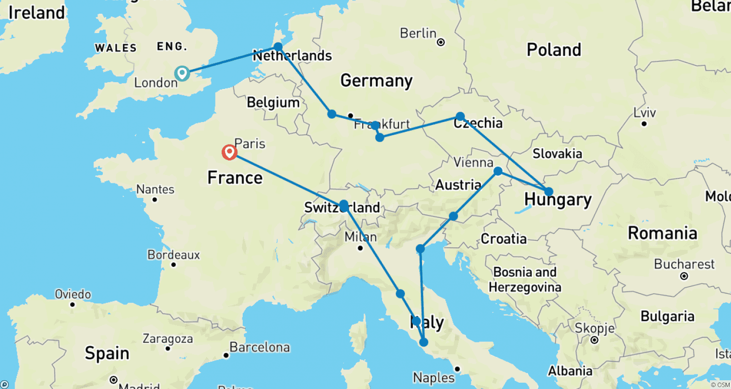 Mapa do percurso de Europa Romântica (Pequenos Grupos, Prévia 2022, Início em Londres, Fim em Paris, 19 Dias)