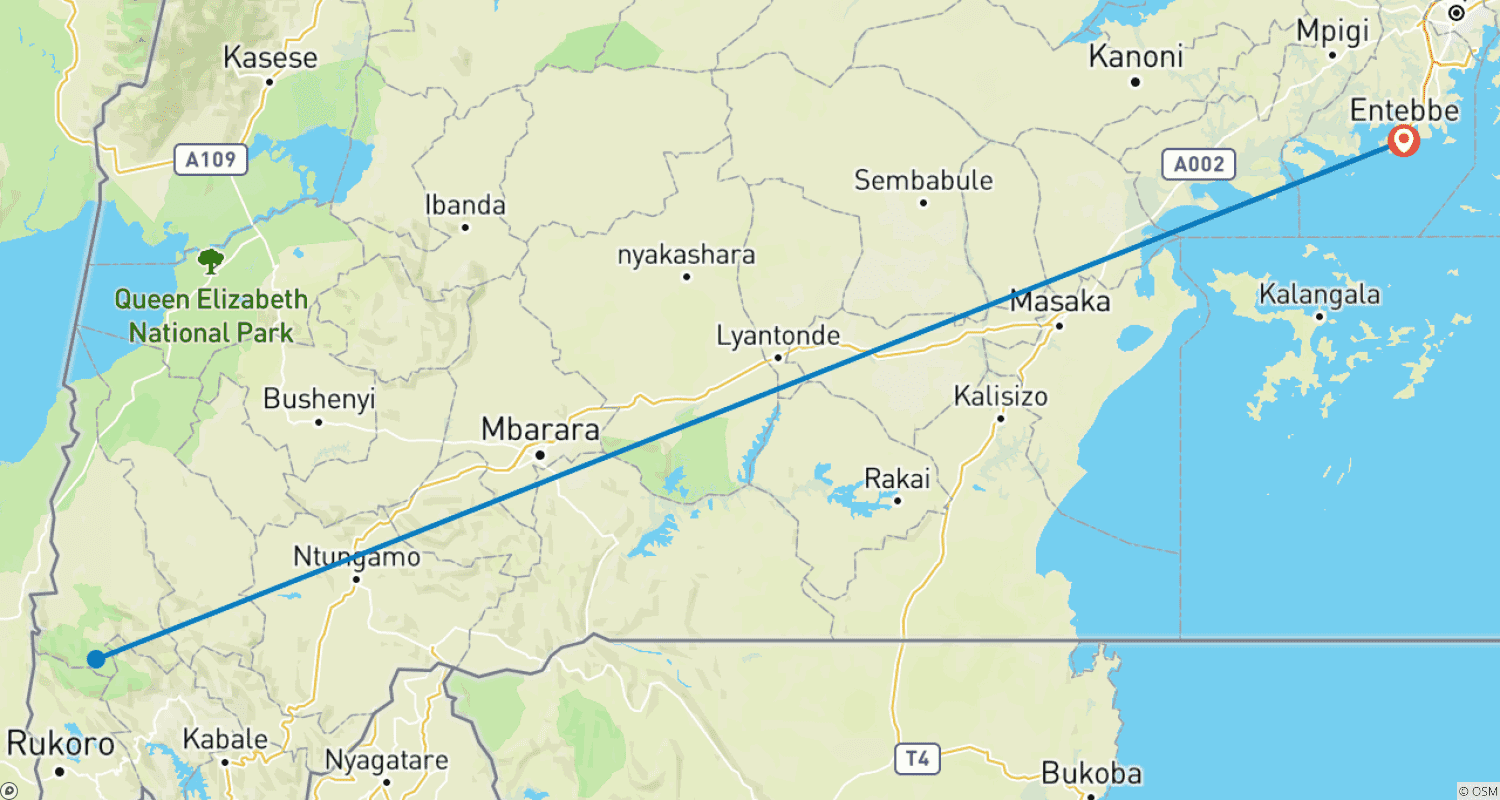 Mapa do percurso de Safari Econômico de Trekking de Gorilas de 3 Dias em Uganda via Entebbe