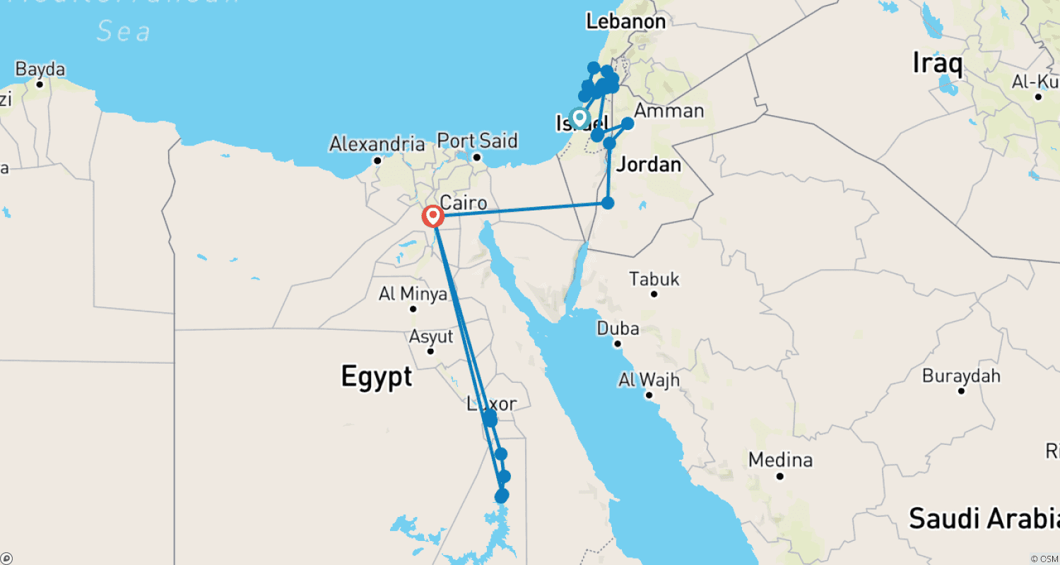 Mapa trasy: 13 dni: Najważniejsze atrakcje Izraela, Jordanii i Egiptu