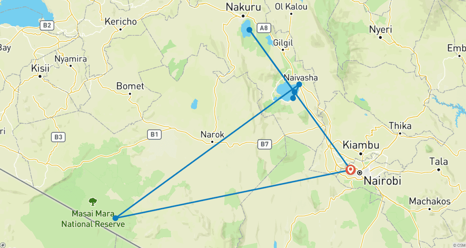 Mapa do percurso de Safári de Acampamento Econômico de 4 Dias em Grupo para Masai Mara e Lago Nakuru - Partidas Diárias