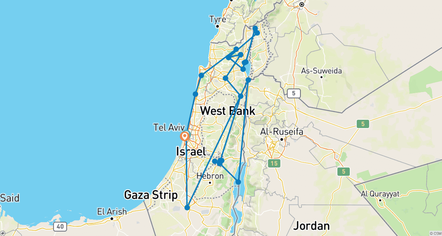 Mapa do percurso de Tour Privado de 8 Dias pela Terra Santa de Israel
