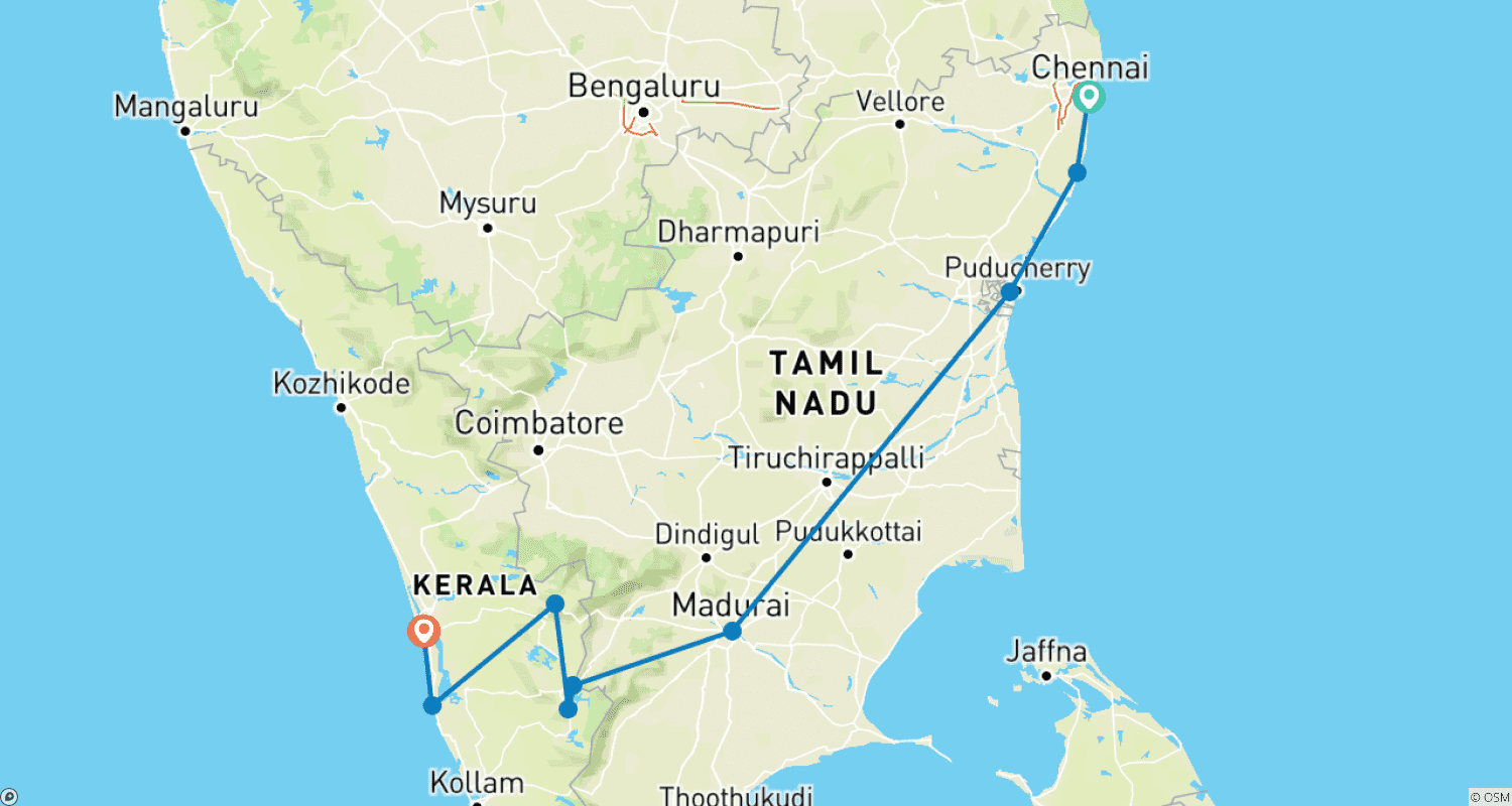 Premium South India (including Mahabalipuram)のルートマップ