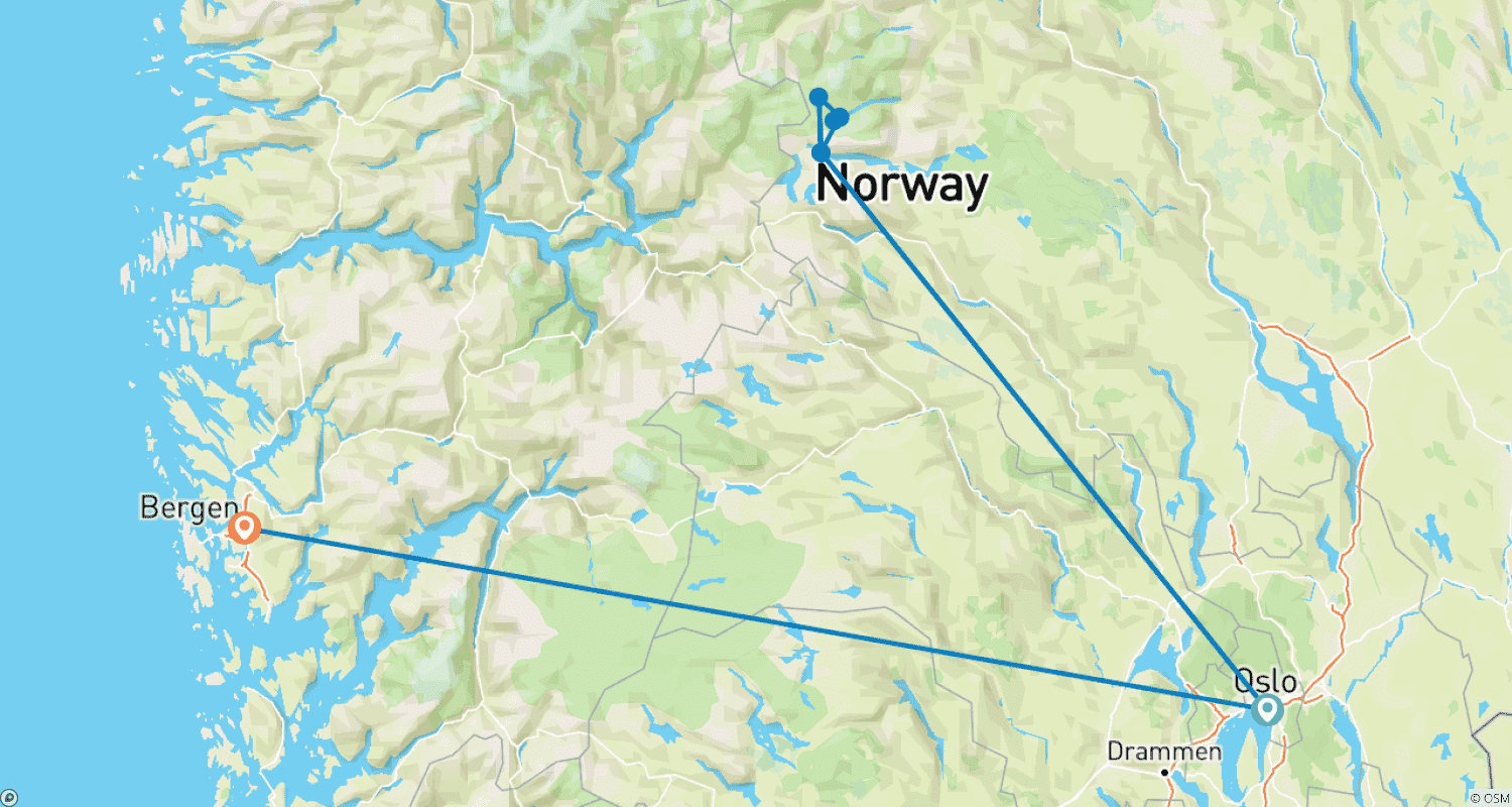 Mapa do percurso de Picos e Lagos de Jotunheimen (Caminhada Autoguiada)