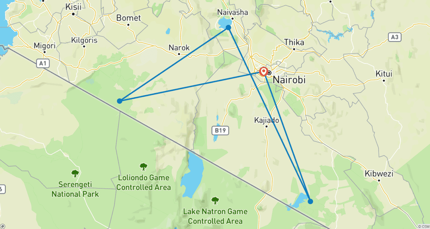 Mapa trasy: 6-dniowe Safari Amboseli, Jezioro Naivasha i Masai Mara - Średniej klasy