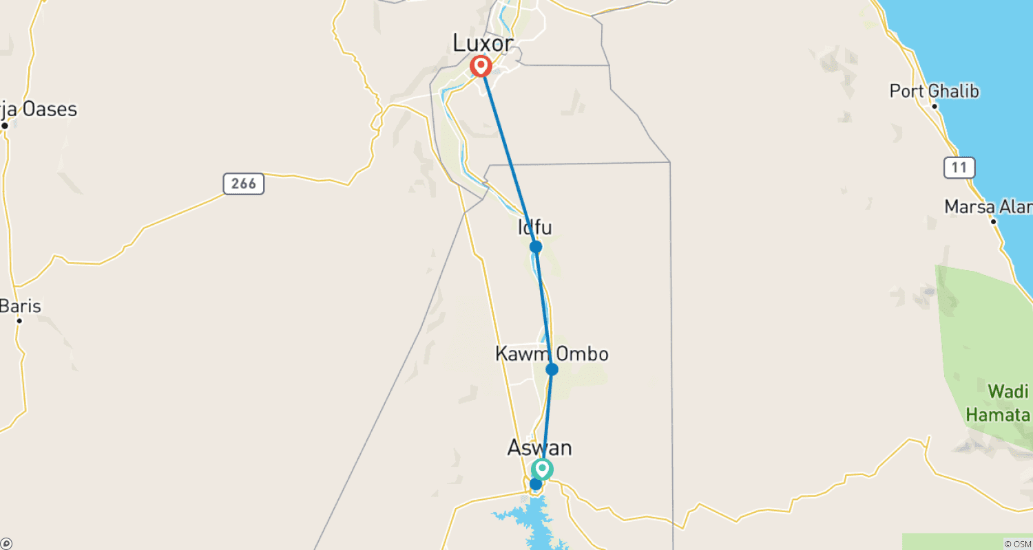 خريطة مسار 5* Nile Cruise from Aswan to Luxor 4 days with meals,& private sightseeing, tour guided