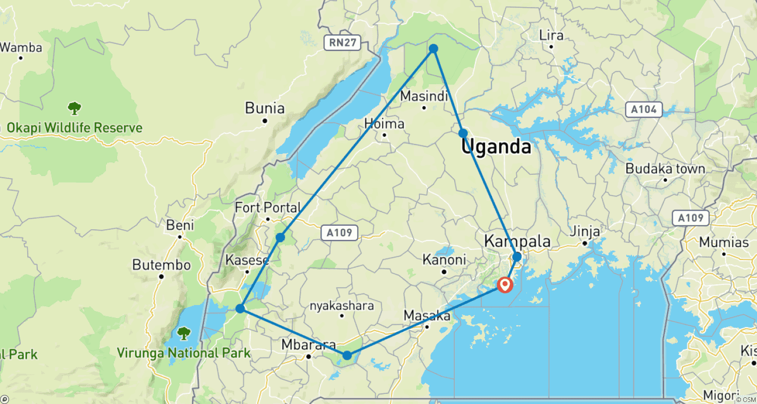 Mapa trasy: 11 days Uganda Wildlife Safari drives Safari