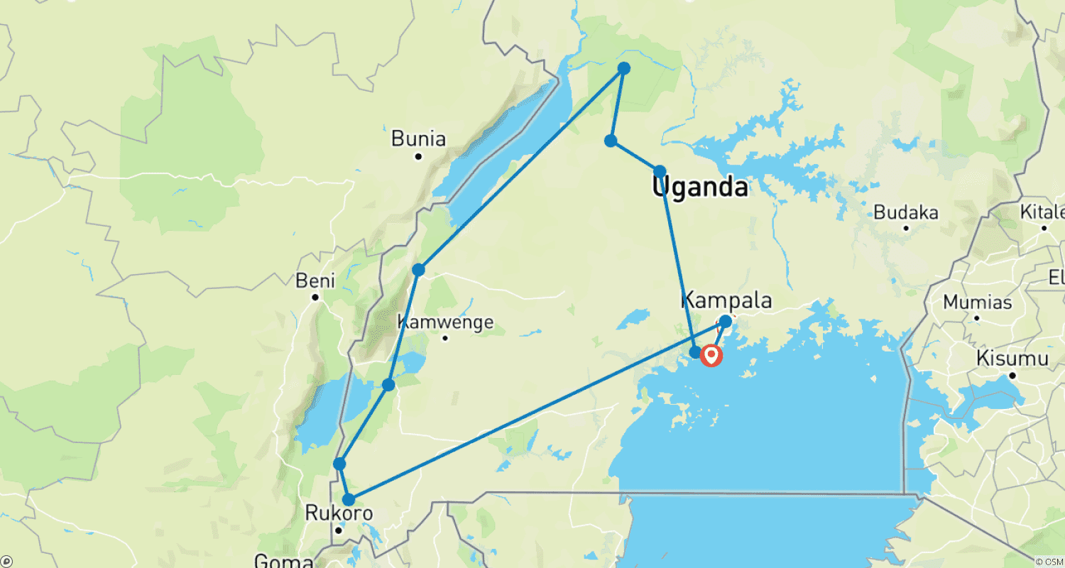 Mapa do percurso de Uganda Completa: Safáris, Observação de Vida Selvagem e Caminhadas com Gorilas
