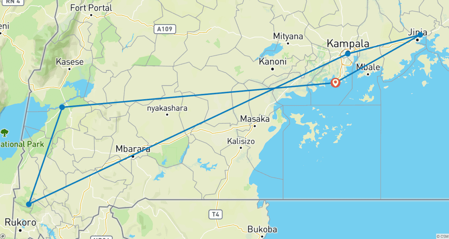 Mapa trasy: 7-dniowe safari w Ugandzie: przejażdżki i rafting po białych wodach