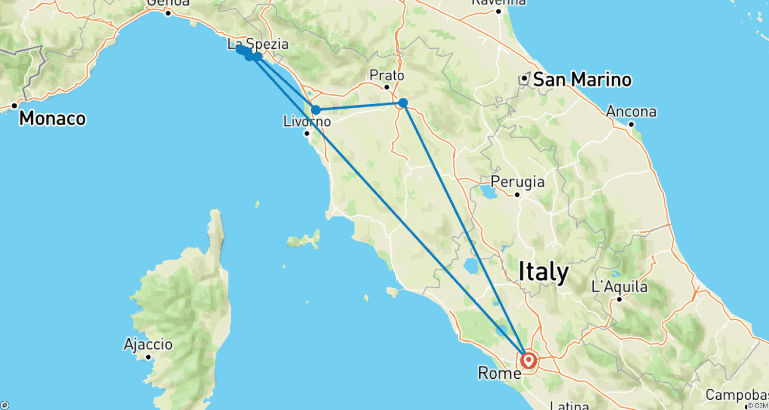 Mapa do percurso de Roma, Florença, Cinque Terre, Roma: viagem de assinatura (hotéis 4*) neutra em carbono de comboio