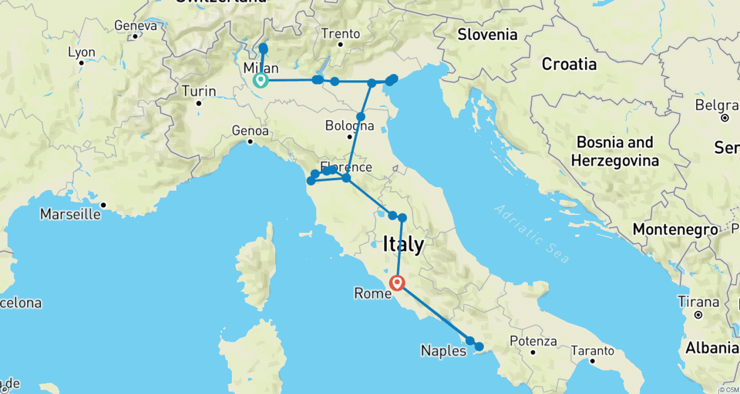 Mapa do percurso de O Tour dos Destaques Italianos