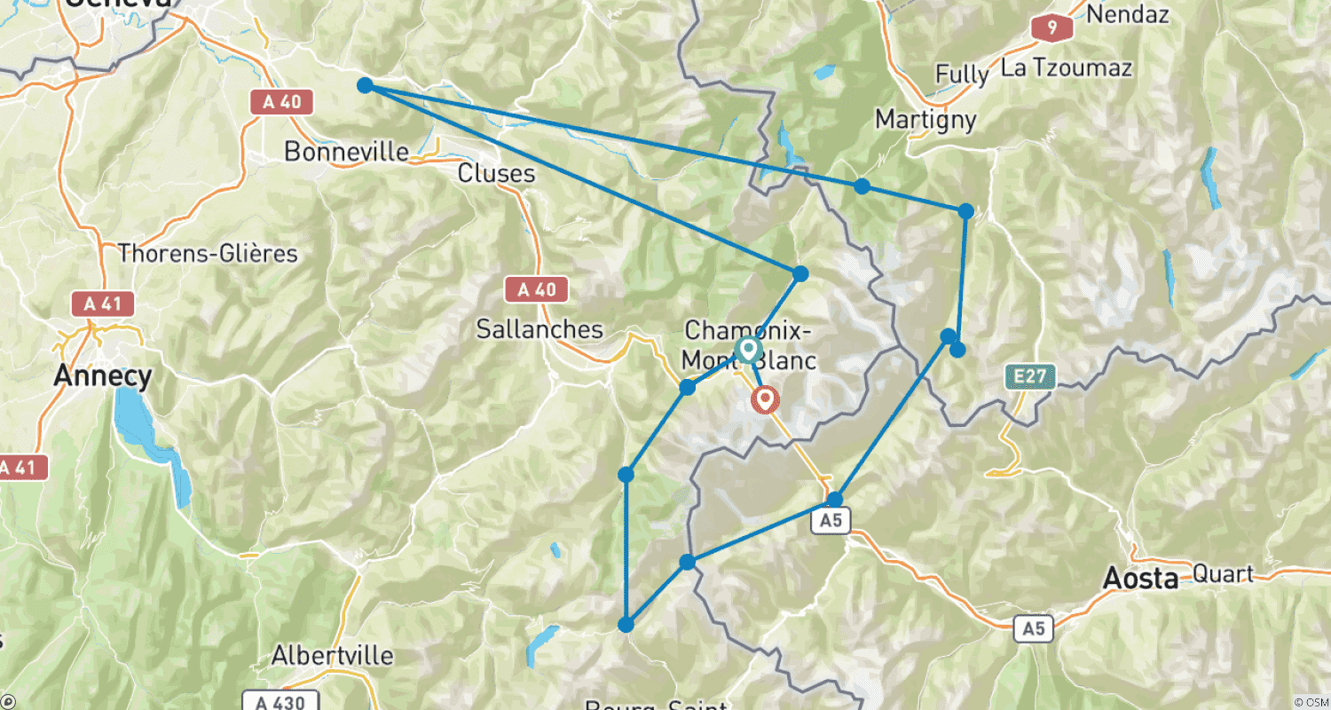 Mapa do percurso de Tour du Mont Blanc Circuito Completo, QUARTOS PRIVADOS (tour autoguiado; 12 dias)