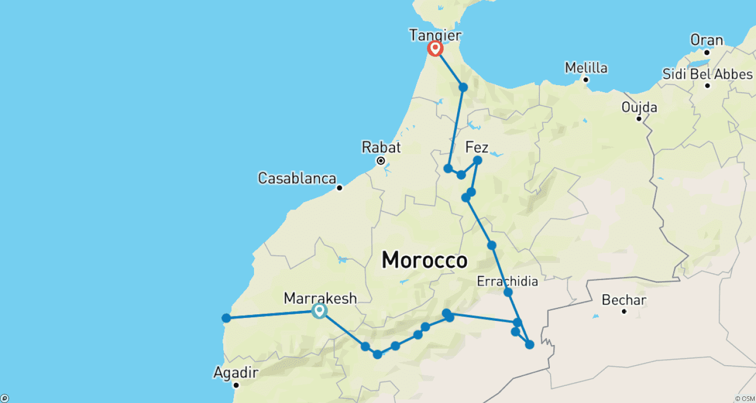 Mapa do percurso de Descoberta de Marrocos: 8 Dias Privados de Marraquexe a Tânger
