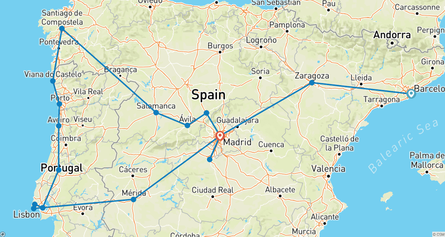 Mapa do percurso de Grande Tour de Espanha e Portugal - 12 Dias