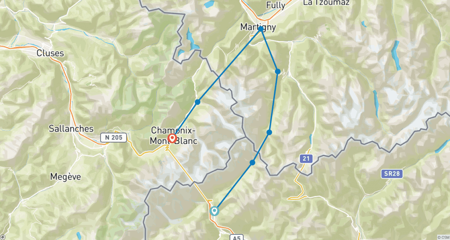 Mapa do percurso de Meio Circuito TMB do Monte Branco