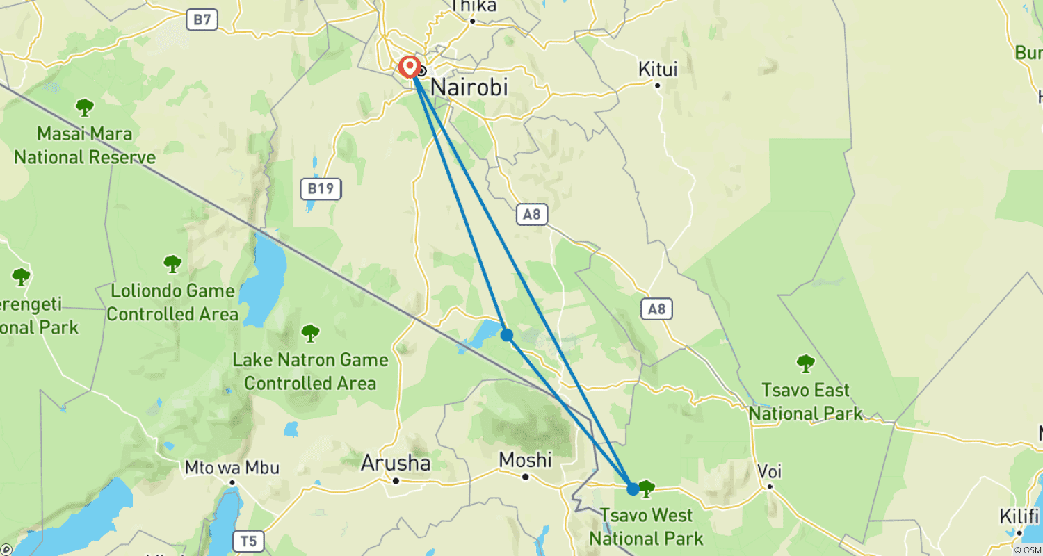 Mapa do percurso de Safari de Jipe de Luxo de 5 Dias em Amboseli e Tsavo West