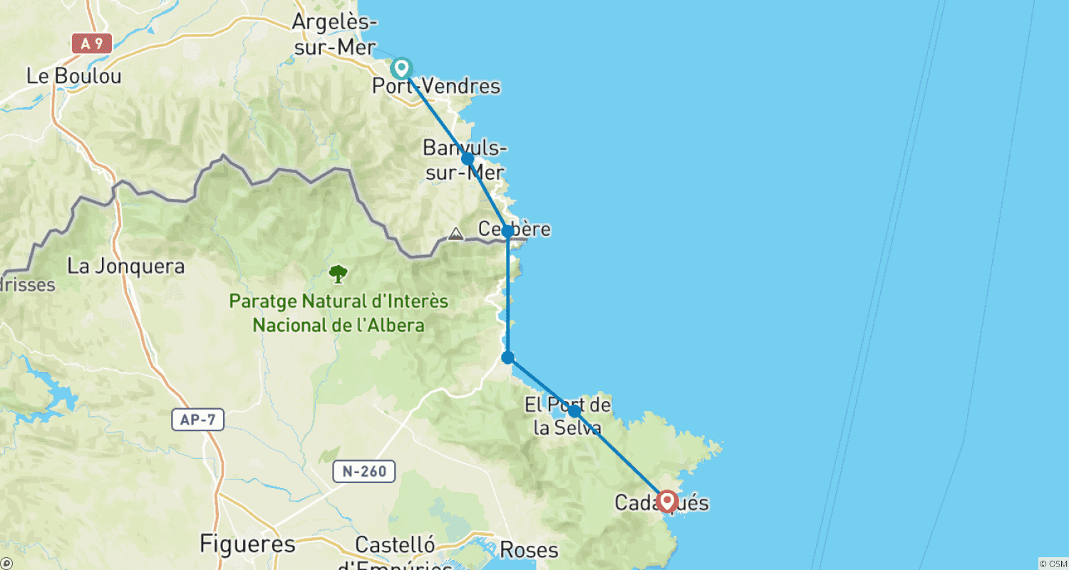 Mapa do percurso de Caminhada Autoguiada pela Costa Vermelha (Collioure, Cadaqués)