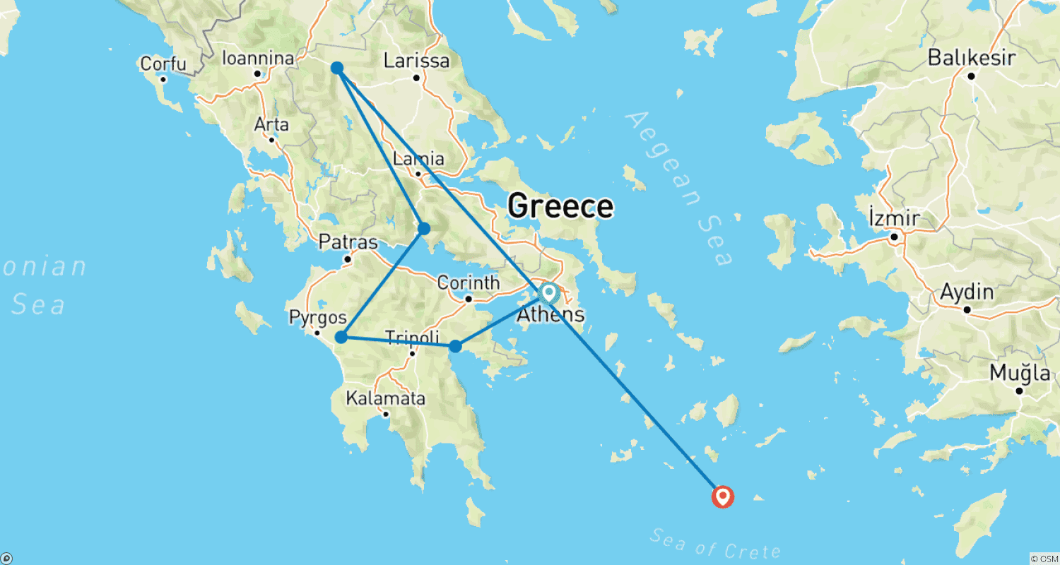 Mapa do percurso de Grécia Antiga e Santorini: Excursão Cultural em Grupo de 10 Dias