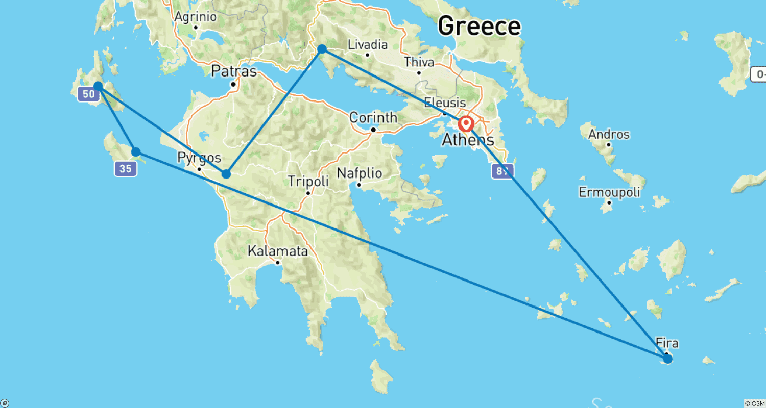 Mapa trasy: 10-dniowa ucieczka: Delfy, Olimpia, Kefalonia, Zakynthos i Santorini