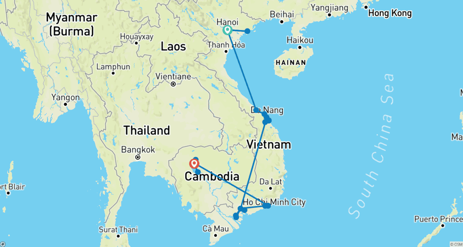Mapa do percurso de Vietnam & Cambodia: Small Group Roundtrip & Bathing (incl. flight)