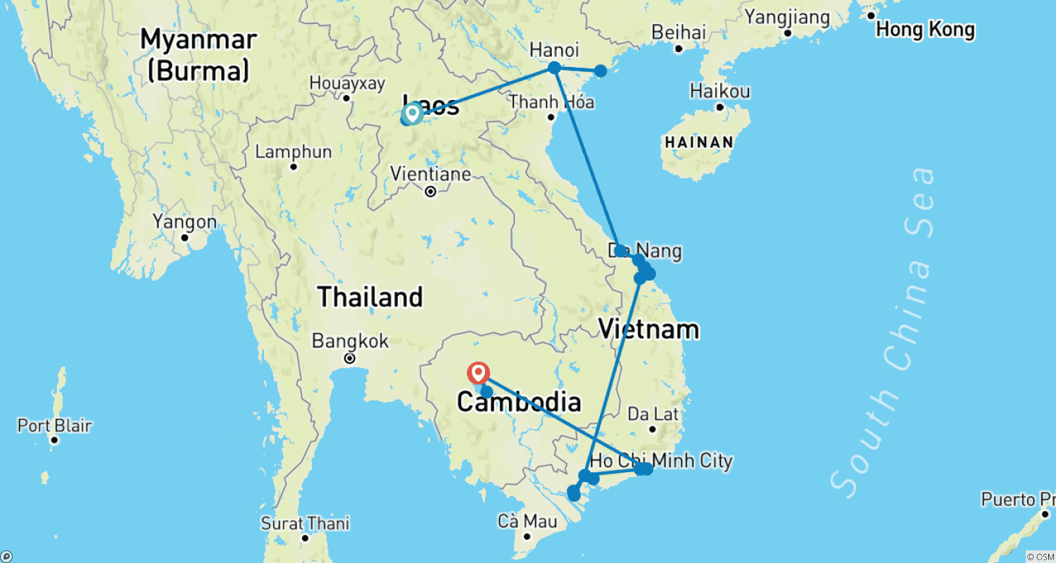 Laos, Vietnam & Cambodia: Small Group Roundtrip & Bathing (incl. flight)のルートマップ