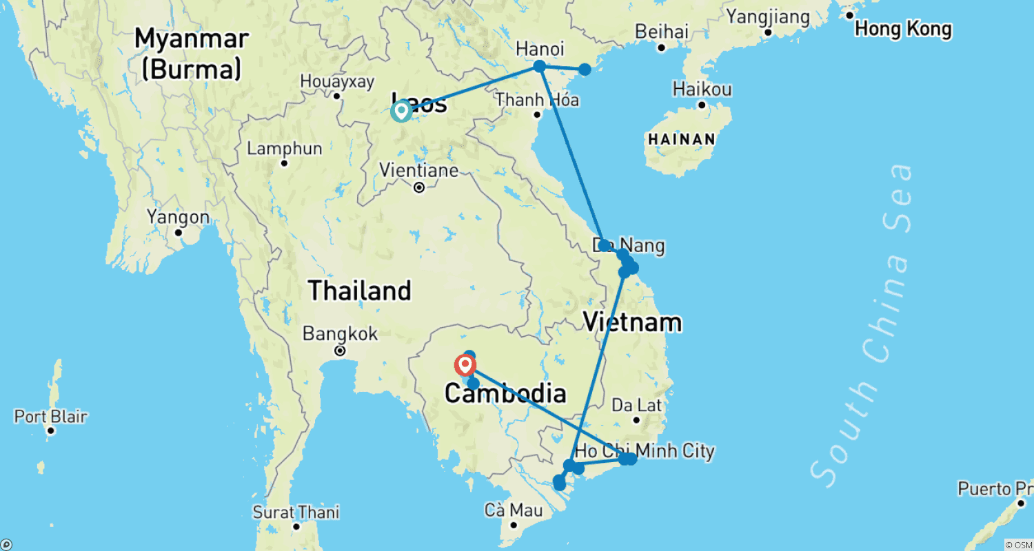 خريطة مسار Roundtrip & Bathing in Laos, Vietnam & Cambodia (incl flight) Small Group Tour