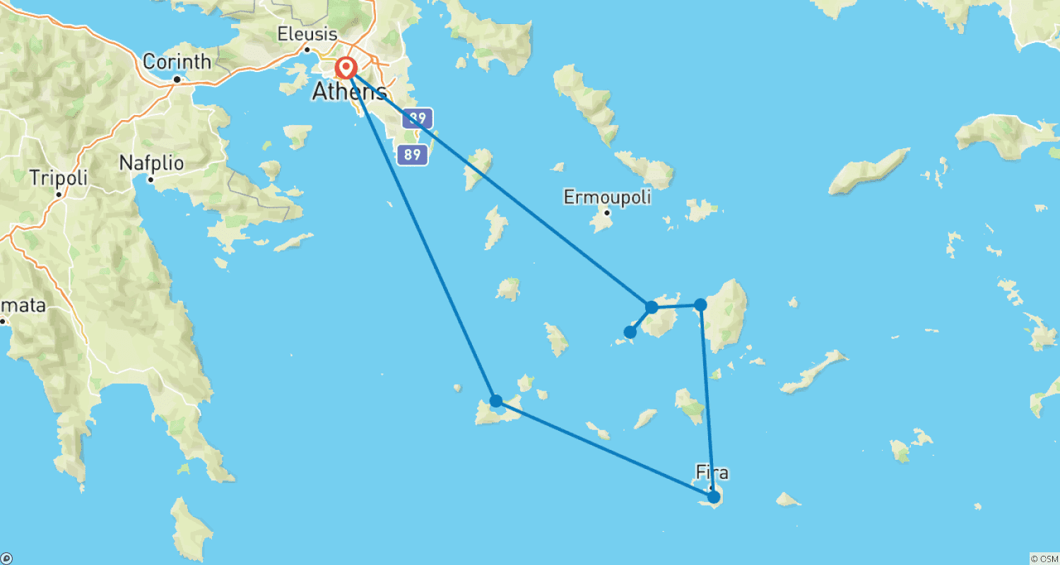 خريطة مسار Paros, Naxos, Santorini & Milos with Guided Tours - Premium