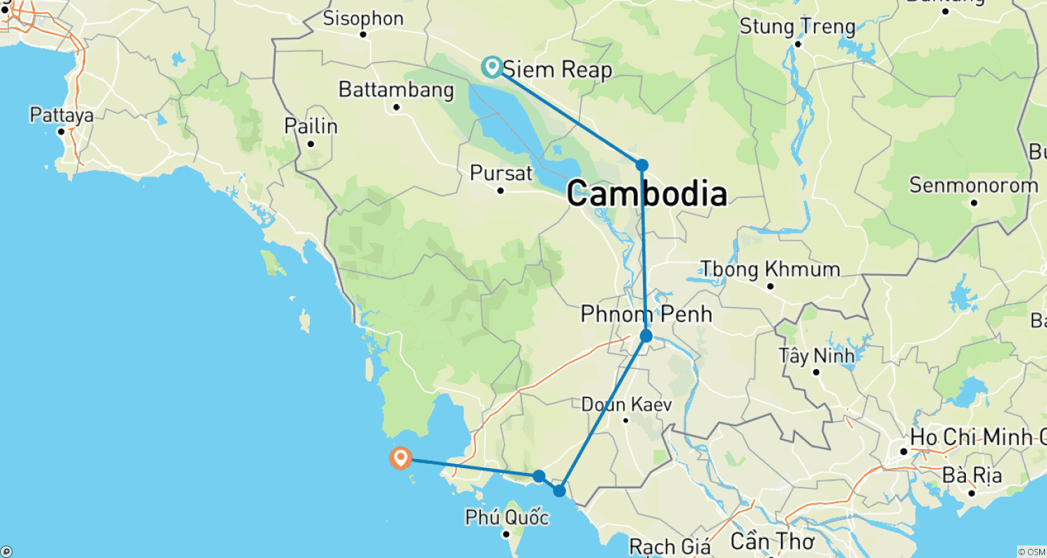 Mapa trasy: Cycle Angkor to Cambodia Beaches