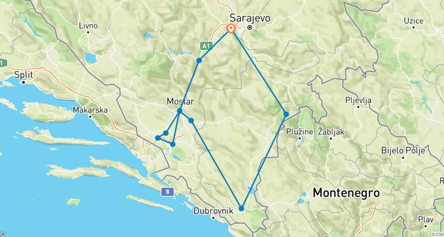 Mapa trasy: Całoroczna 4-dniowa wycieczka odkrywcza po Bośni z Sarajewa. Mała wycieczka objazdowa przez Mostar, Pocitelj, Kravica, Medziugorie, Blagaj, Trebinje.