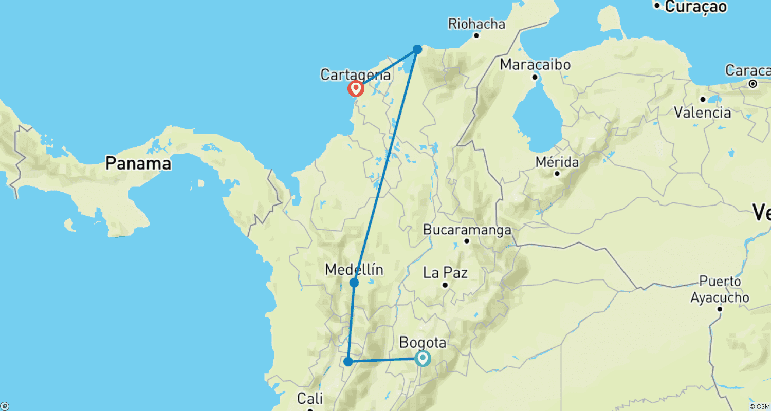 Mapa do percurso de Private Service I Colombia's Grand Tour: Bogotá, The Coffee Region, Medellín, Tayrona & Cartagena — Domestic Flights Included