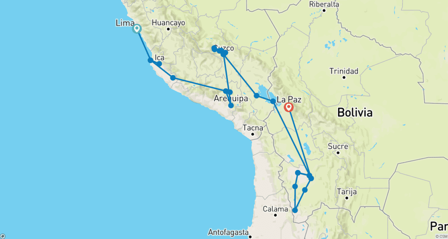 Mapa do percurso de CULINARY JOURNEY THROUGH THE ANDES - Delicacies of Peru and Bolivia