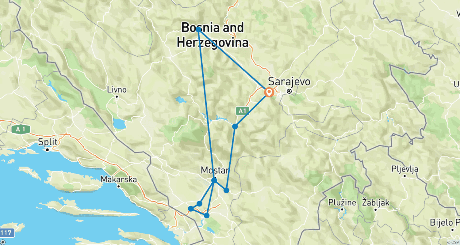 Mapa trasy: All seasons discovery Bosnia 4 days tour from Sarajevo. Bosnia: Off the beaten path country.