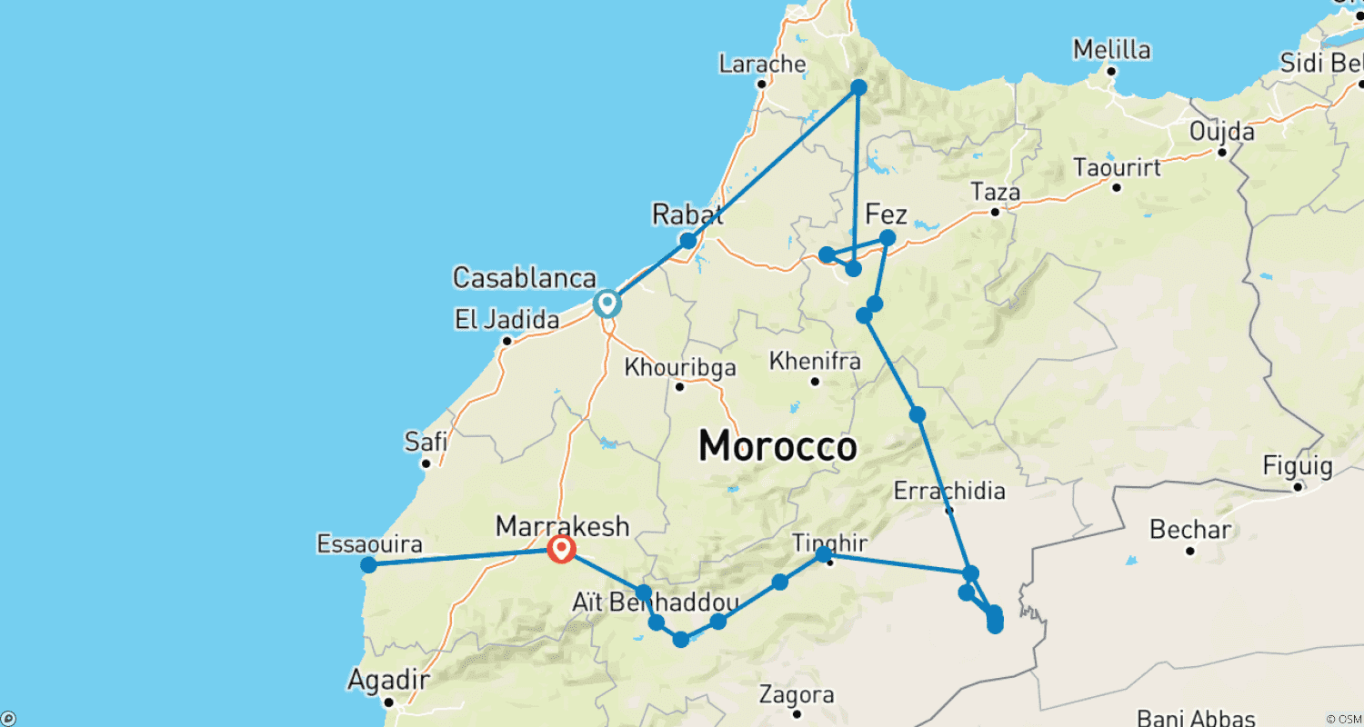 Mapa do percurso de Excursão de 17 Dias em Marrocos Saindo de Casablanca