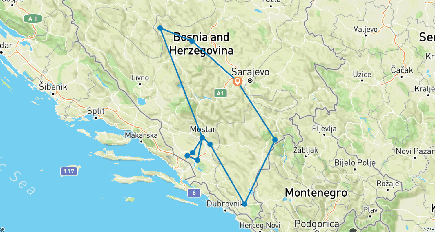 Mapa do percurso de All seasons Bosnia discovery 6 days tour from Sarajevo. Bosnia: off-the-beaten-path travel example. Land of Ottoman fortresses and Orthodox monasteries.