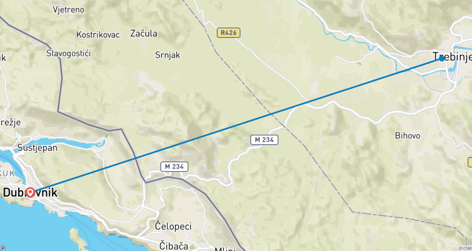 Mapa do percurso de Tour de descoberta de 2 dias na Bósnia para todas as estações, partindo de Dubrovnik. Trebinje, Tvrdos, Caverna Vjetrenica, Zavala, Stolac, Radimlja, Riviera de Dubrovnik. Sítios UNESCO. Natureza. Arquitetura. Cultura. Vinho. Culinária.