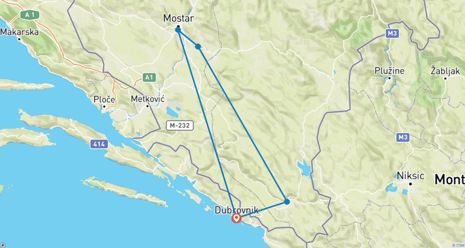 خريطة مسار All seasons 2 days Bosnia discovery tour from Dubrovnik. Trebinje, Tvrdos, Zavala, Radimlja, Blagaj, Mostar. UNESCO sites. Nature. Architecture. Culture. Wine. Cuisine.