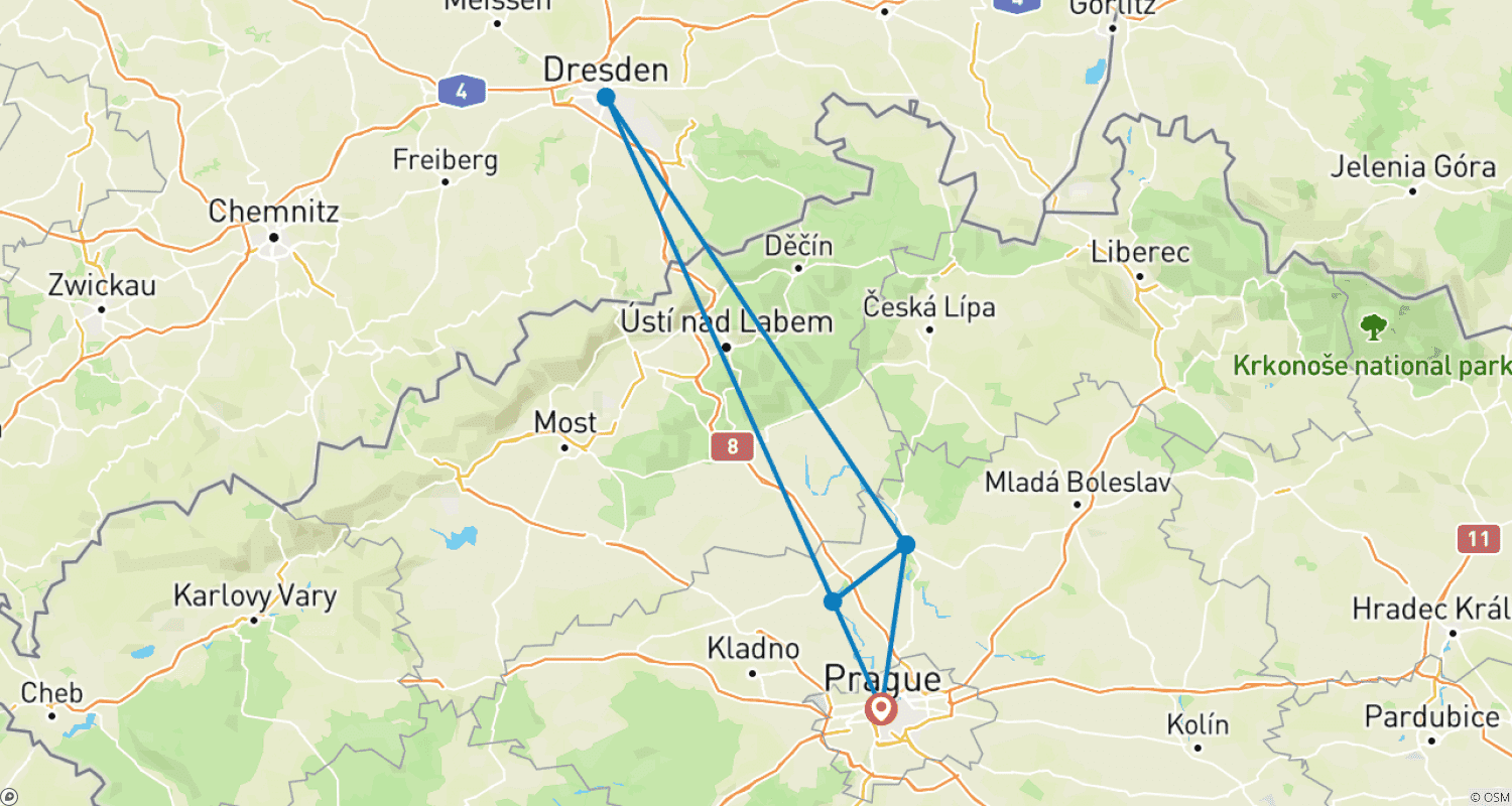 Mapa do percurso de Alegria Festiva ao Longo do Rio Elba (cruzeiro de porto a porto)